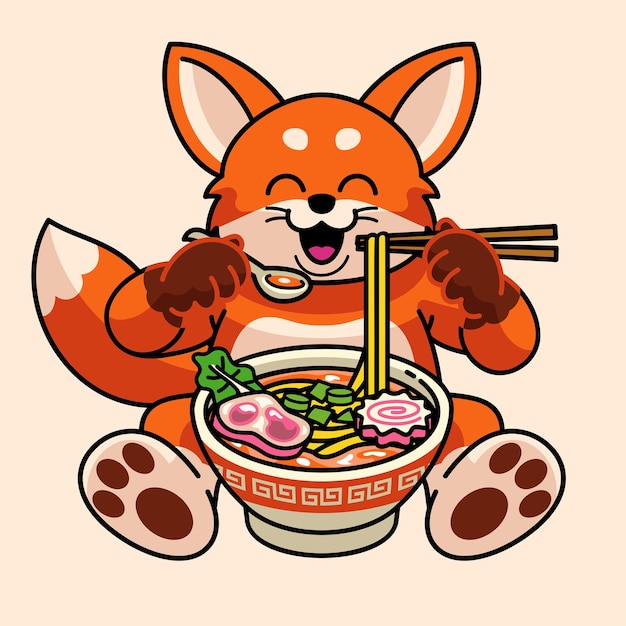 Fox schattig mascotte karakter ramen noodle eten