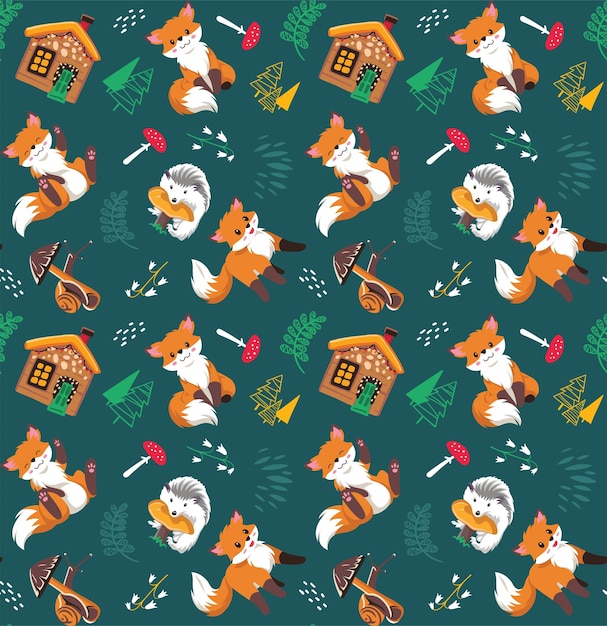 Fox seamless pattern in the green forest background