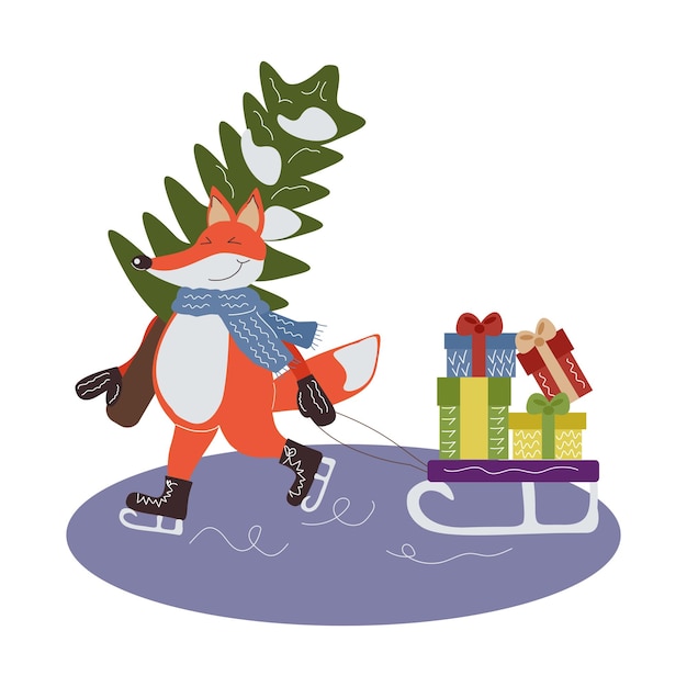 fox on skates with a Christmas tree and gifts