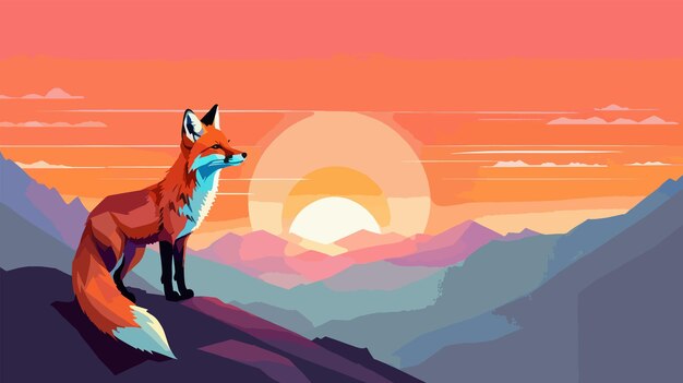 Vector fox standing on top of mountain vector illustration 2d