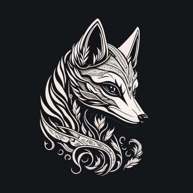 A fox with a floral pattern on it is on a black background.