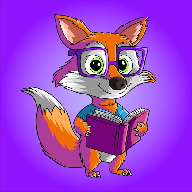 Fox With Glasses Reading Book Cartoon