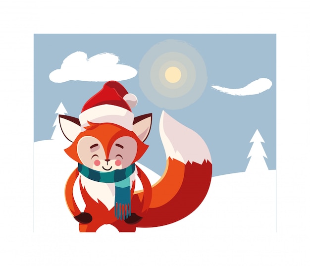 Fox with hat and scarf in winter landscape