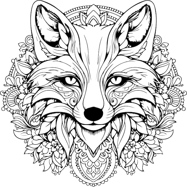 fox with mandala adult coloring page