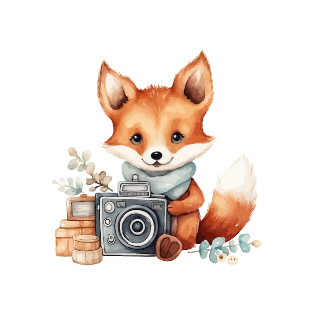 Fox with a Vintage Camera Watercolor Illustration