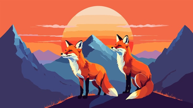 Foxes Standing on Mountain Top vector illustration 2d