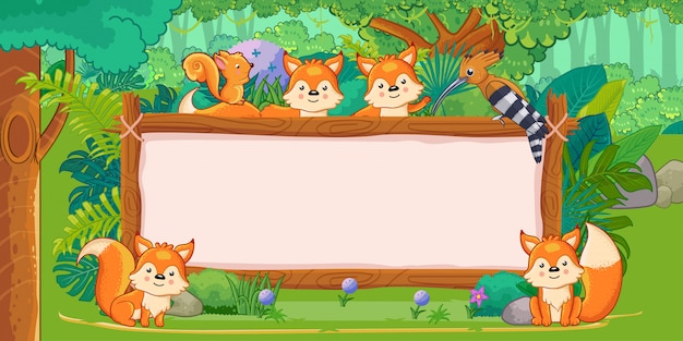 Vector foxes with a blank sign wood in the jungle