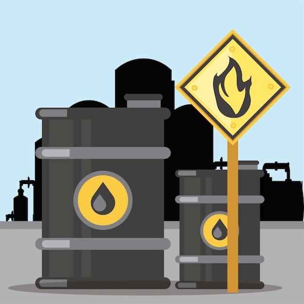 Vector fracking extraction oil barrel tanks flammable substance sign  illustration