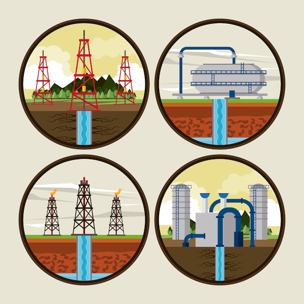 Vector fracking zone and oil industry emblems