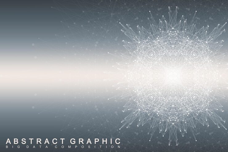 Vector fractal element with connected lines and dots. big data complex. virtual background communication or particle compounds. digital data visualization, minimal array. lines plexus. vector illustration.