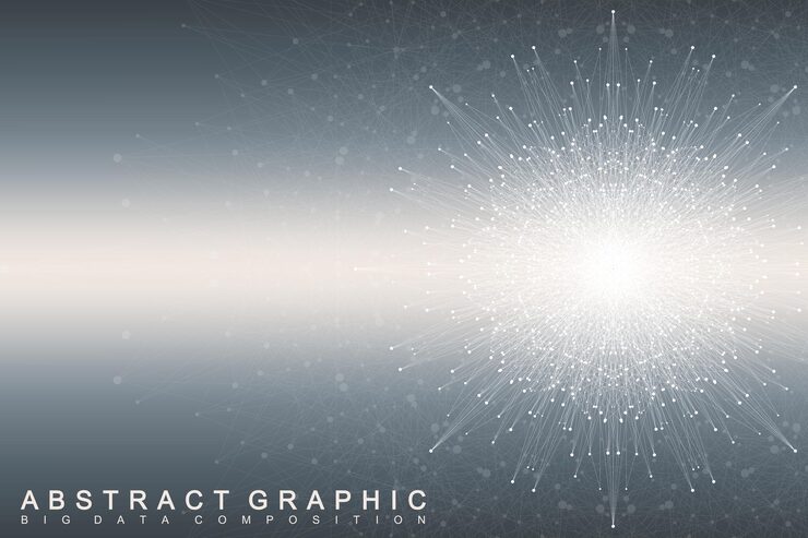Vector 연결된 선과 점이 있는 프랙탈 요소입니다. 빅 데이터 콤플렉스. 가상 배경 통신 또는 입자 화합물. 디지털 데이터 시각화, 최소 배열. 라인 신경총. 벡터 일러스트 레이 션.