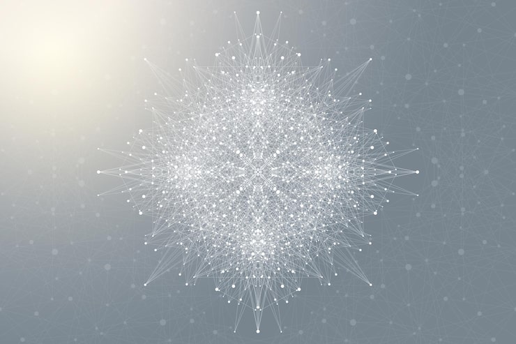 Vector fractal element with connected lines and dots big data complex virtual background communication or particle compounds digital data visualization minimal array lines plexus vector illustration