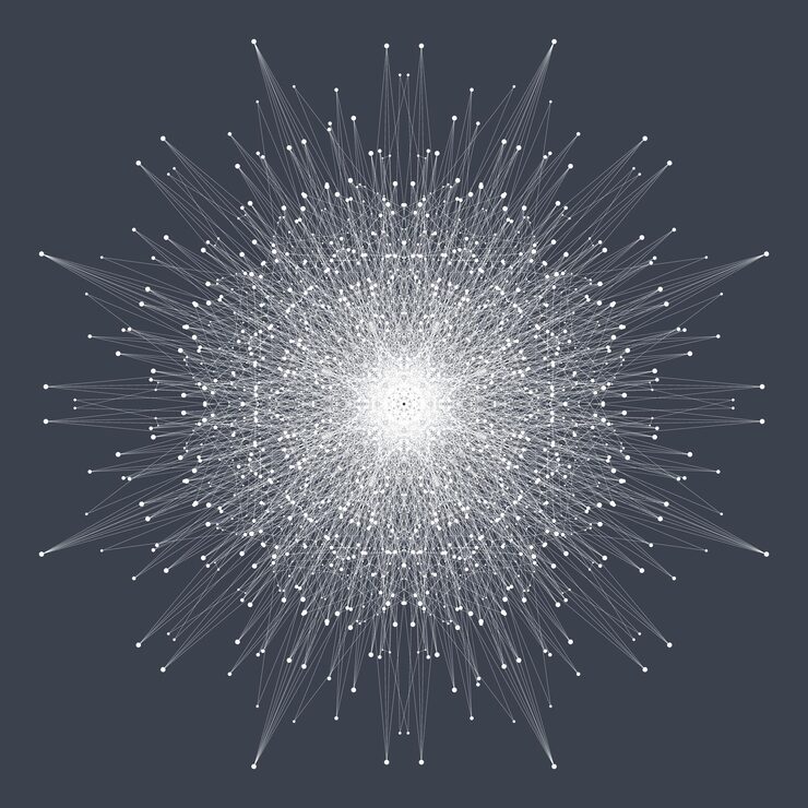 Vector 연결된 선과 점을 가진 프랙탈 요소 디지털 데이터 시각화 최소 배열 플렉서스