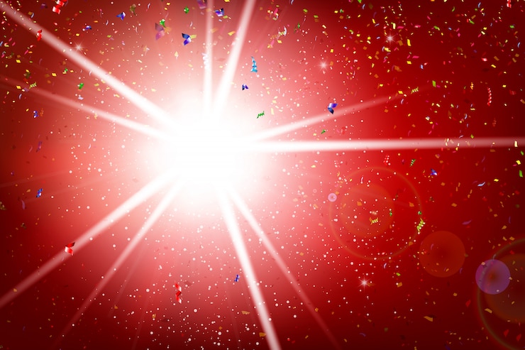Vector fractal of the rainbow ribbon explode and falling on lighting and red background