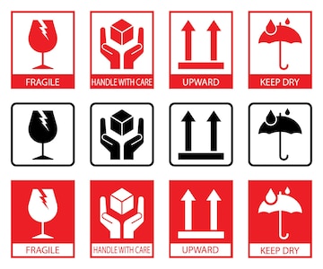 Set of packaging symbols, tableware, plastic, fragile symbols, cardboard  symbols.(this side up, handle with care, fragile, keep dry, keep away from  direct sunlight, do not drop, do not litter) Stock Vector