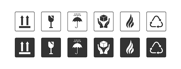 Set di icone per pacchetti fragili gestire con cura la logistica e le etichette di spedizione per la consegna simbolo illustrazione segno scatola adesiva vettore