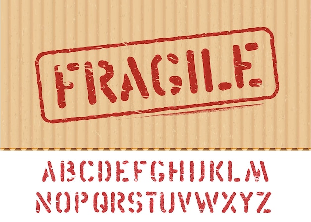 Fragile vector sign on cargo textured cardboard box background with font for logistics or packaging. Means do not crush, handle with care. Grunge alphabet included