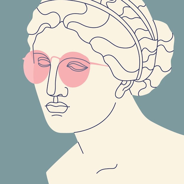 Fragment of an ancient Greek statue of a woman in pink sunglasses Antique sculpture with modern elements Vector trendy illustration