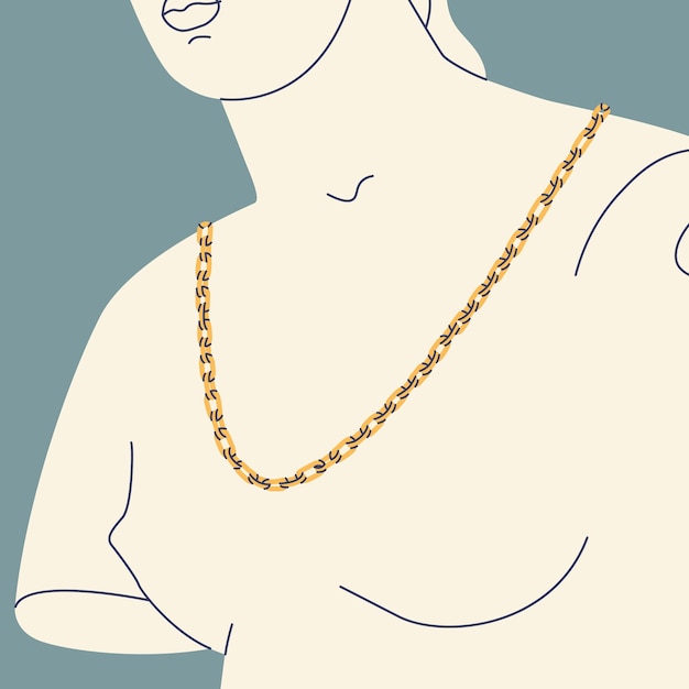 Vector fragment of an ancient greek statue of a woman with a golden chain around her neck antique sculpture with modern elements vector trendy illustration