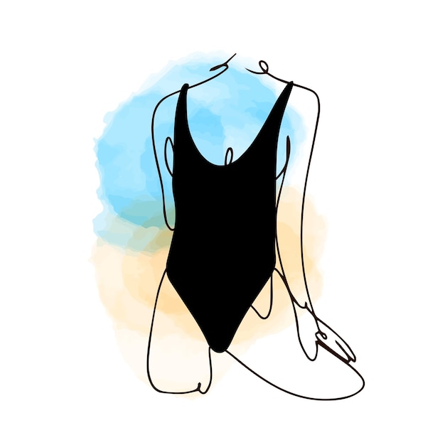 Fragment of the body of a girl in a black swimsuit one line contour drawing linear in the style of doodles on a watercolor background aesthetics