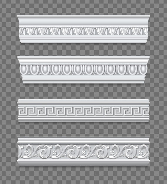 Vector fragments of mold cornices with classical pattern for wall decoration isolated on transparent background realistic vector illustration