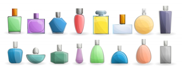 Fragrance bottles icon set, cartoon style