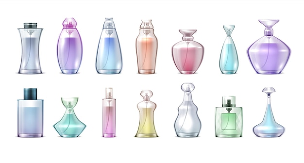 Bottiglie di profumo. vetro trasparente realistico con profumi, collezione di eleganti fiale per il trucco cosmetico. spruzzo d'acqua aromatica vettoriale in contenitore di forma diversa per donna