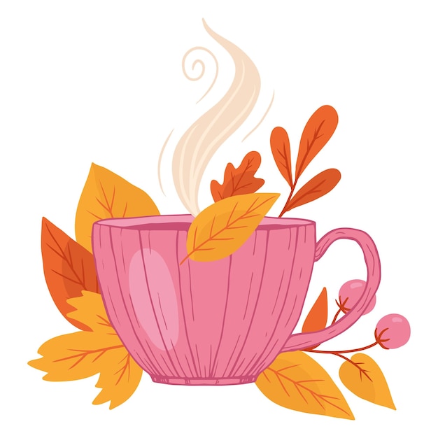 Fragrant cup of tea with autumn leaves Flat illustration of tea party tea cup with yellow leaf