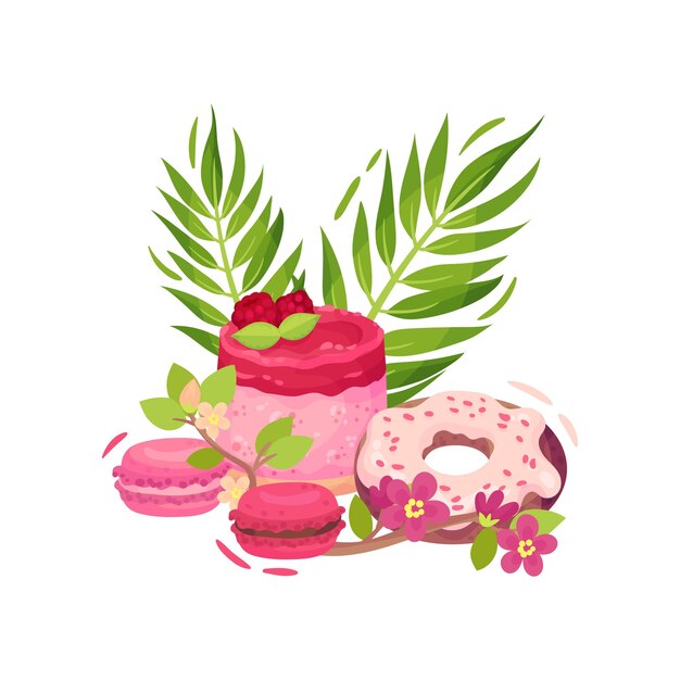 Frambozenbessencake twee muffins en een chocoladedonut in roze suikerglazuur vectorillustratie op wit
