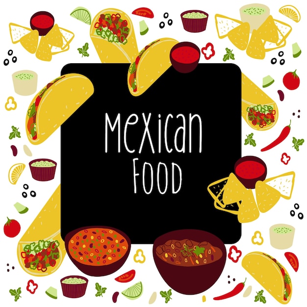 Frame achtergrond met Mexicaans eten illustratie Tacos Burrito Chili Con Carne Guacamole Salsa