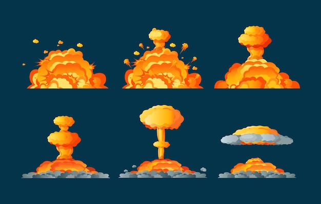 Frame-animatie met effect van een brandende explosie, verdeeld in afzonderlijke scèneframes