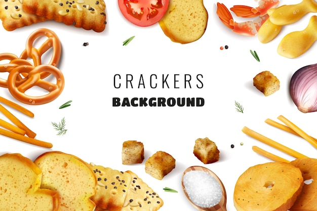 Frame background with crackers snacks toasts and different ingredients