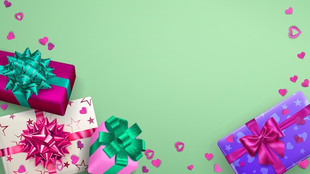 Фон рамки с разноцветными подарочными коробками с лентами, бантами и тенями и маленькими сердечками на светло-зеленом
