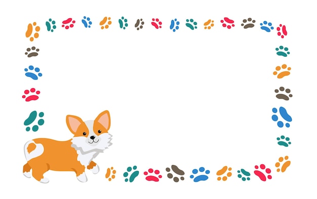 Vector frame cartoon dog corgi paw prints of the animal pets vector background for print design card