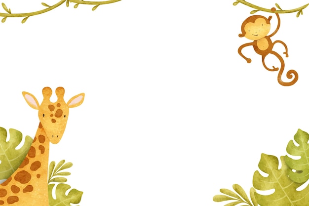 Frame Of Cute baby giraffe monkey and tropical leaves Funny kids isolated hand drawn watercolor background A design for childrens invitation cards baby shower decoration of kids rooms