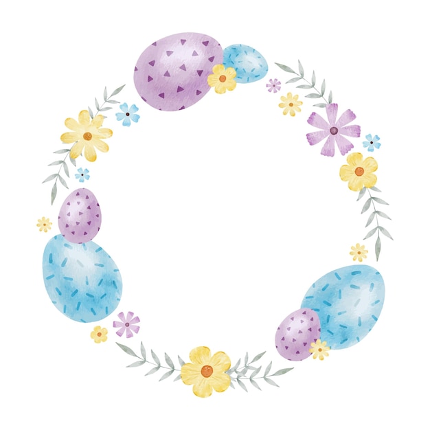 Frame of cute colorful Easter eggs flowers and leaves Paschal Concept with purple and blue Easter Eggs Isolated watercolor illustration Template for Easter cards covers posters and invitations