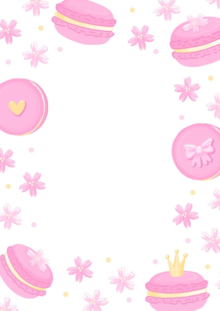 Frame of cute macaroons with crown sakura flowers bow heart