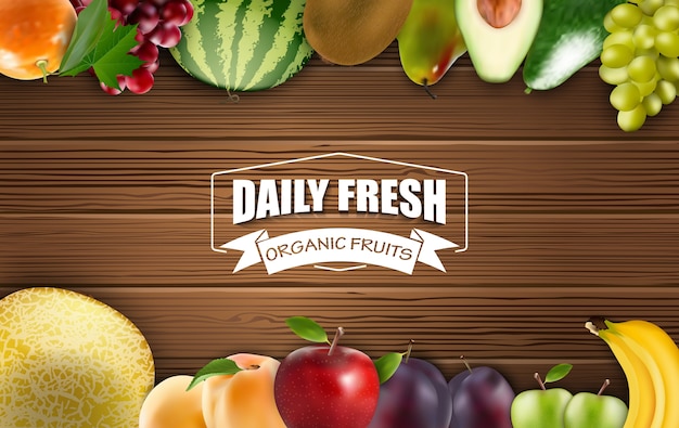 Vector frame of daily fresh organic fruits on a wooden background