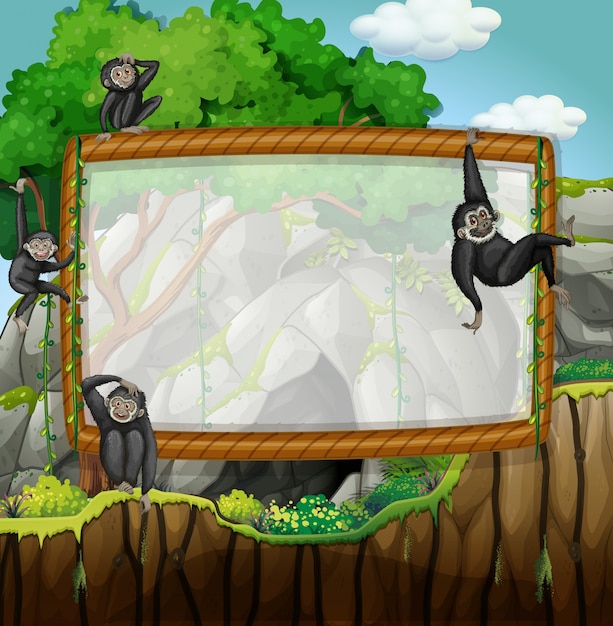 Vector frame design with gibbons at the cave