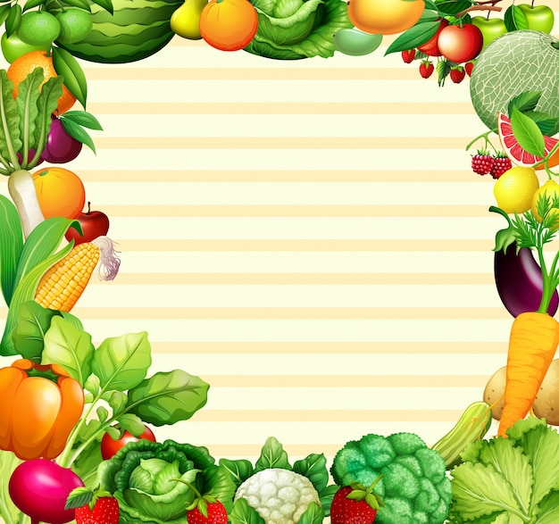 Vettore disegno di cornice con illustrazione di verdure e frutta