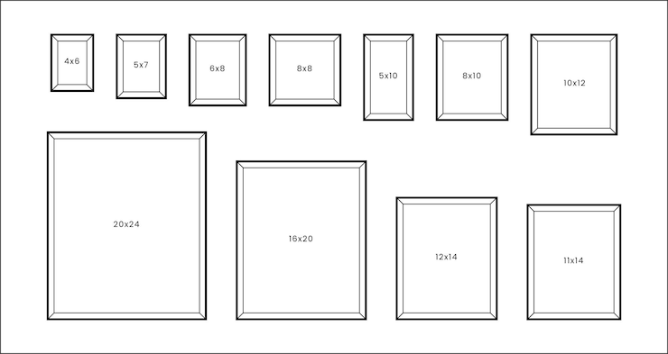 Vector frame designs of different sizes in inches with white background