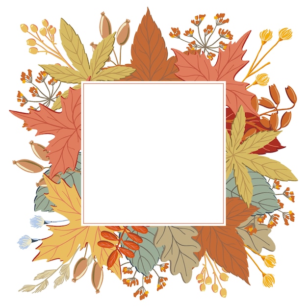 Vector frame of fall, autumn leaves, twigs and branches with square background