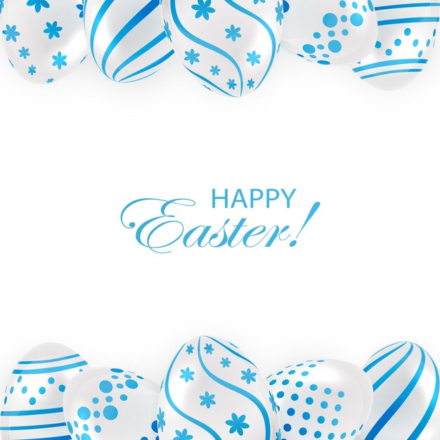 Frame from decorative easter eggs with blue patterns on white background, illustration.