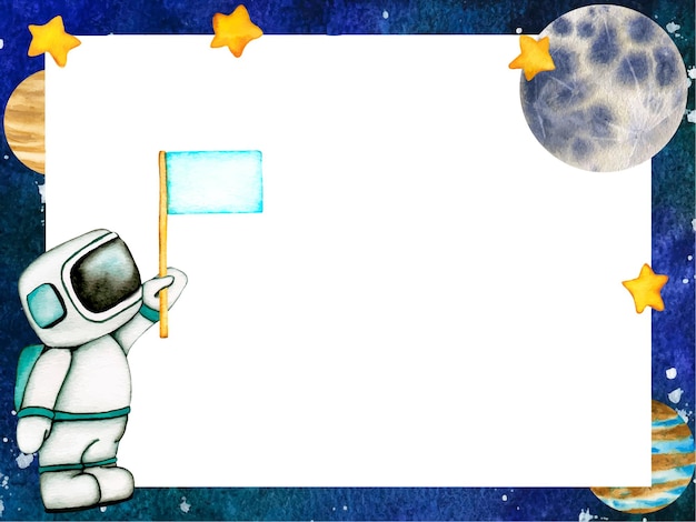 Vettore inquadratura della galassia con i pianeti astronauta carino e luna nello spazio planetario clip art vettore acquerello