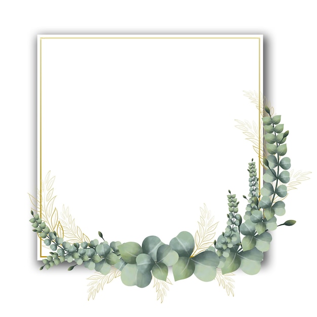 Vector frame golden square vintage leaves watercolor hand drawn golden frame line art on white background isolate