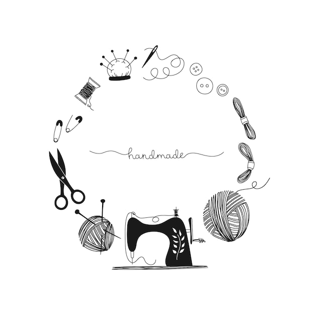 Vector frame hand drawn needlework concept, sewing machine, vintage, seamstress, handmade. black-white illustration.