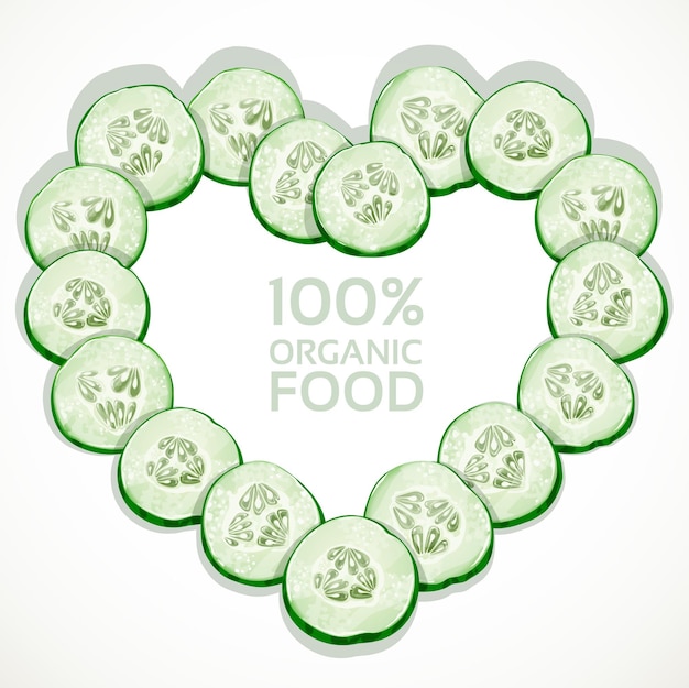 Vector frame in heart shape from slices of fresh cucumber