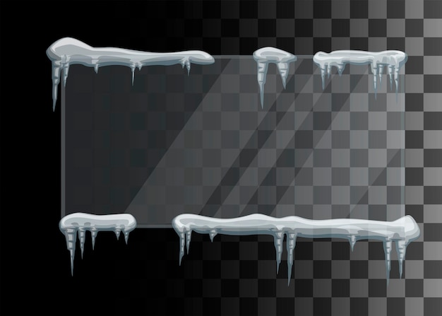 Vector frame of icicles and snow caps winter elements around the glass flat vector illustration isolated on transparent background.