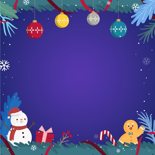 背景が紫色のクリスマスツリーの飾りのフレームイラストです。