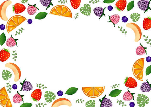 Vector frame made of fruits and berries on a white background to insert text advertising postcards